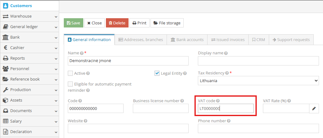 Entering the VAT code